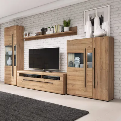 Produktbild von Fernsehwand Eiche Grandson Nb. TURDA-83 mit LED Beleuchtung und Absetzungen in schwarz, B/H/T: ca. 340/204/50 cm