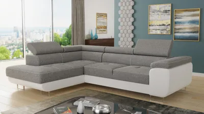 Produktbild von Ecksofa Caris mit Schlaffunktion und einstellbare Kopfstützen, Wohnlandschaft, Couchgarnitur, Bettkasten, Sofagarnitur, Couch, Sofa (Weiß + Grau (Soft 017 + Sawana 21), Ecksofa Links)