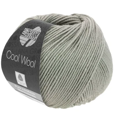 A ball of grey yarn with a label.