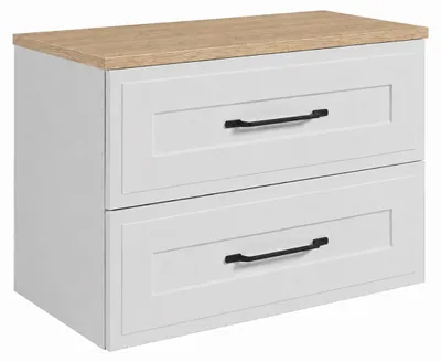 Produktbild von Badezimmerschrank hängend 80 mit Schubladen, Korpus in Weiß + Platte in Eiche hell, Griffe in Schwarz, 80 x 46 x 58,6 cm, KI-generiertes Bild