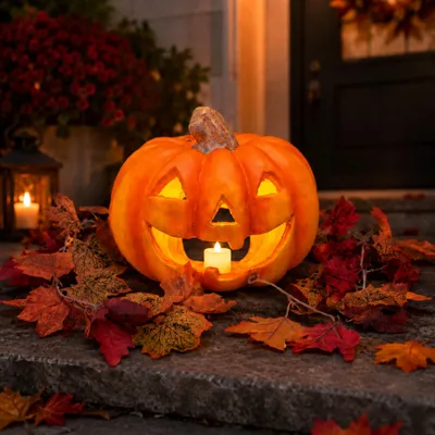 Productafbeelding van XXL Halloween-pompoenset, 27 cm groot, met herfstguirlande en LED-theelicht