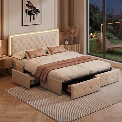 Produktbild von UnboxG Polsterbett 160x200 cm mit LED, 4 Schubladen & höhenverstellbarem Kopfteil, PolyurethanKunstleder, Lattenrost, Beige