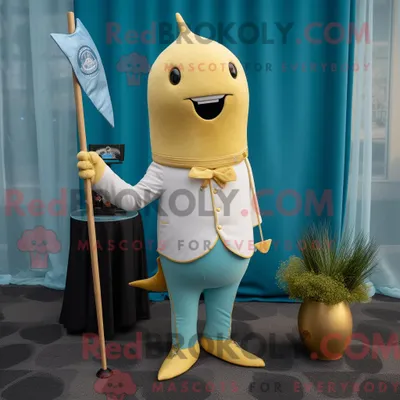 Productafbeelding van Mascot REDBROKOLY karakter van een gouden narwal gekleed met een capribroek en dasspelden