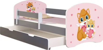 Produktbild von ACMA Jugendbett Kinderbett Junior-Bett Komplett-Set mit Matratze Lattenrost und Rausfallschutz Grau 33 Miezekatzen 160x80 + Bettkasten