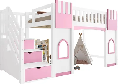 Produktbild von Hochbett mit Schubladen, Rausfallschutz, Lattenrost und Treppe, 90x200 cm, Kinderbett, Holzbett