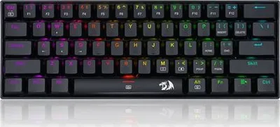 A top-down view of a compact mechanical keyboard with RGB backlighting.