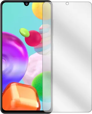 A clear screen protector is placed over a smartphone screen displaying a colorful abstract wallpaper.