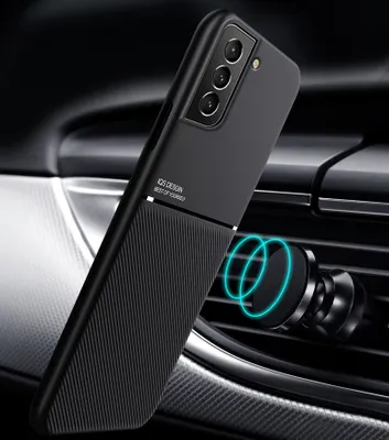 A black phone case is attached to a magnetic car mount on a car's air vent.