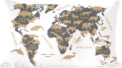 Produktbild von MuchoWow® Zierkissen Sofakissen Wohnzimmer Dekokissen 50x30 cm Weltkarte - Grau - Tiere - Wohnzimmerdekoration - Polster mit Photo