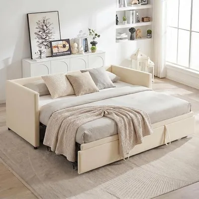 Zdjęcie produktu dla Łóżko tapicerowane, rozkładane, 90/180x200 cm, sofa z materacem sprężynowym i możliwością rozłożenia, 2 w 1: sofa i łóżko dwuosobowe, obita welurem, idealna do salonu lub pokoju gościnnym, bez materaca, kolor beżowy