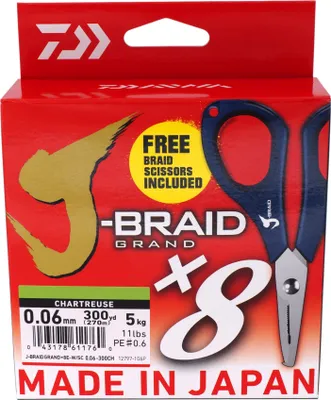 Obrázok produktu pre DAIWA J-Braid Grand X8, 135m, 0.28mm, 26.5kg / 58.42lbs, chartreuse, pletená šnúra, Promo Edition, 12797-028P