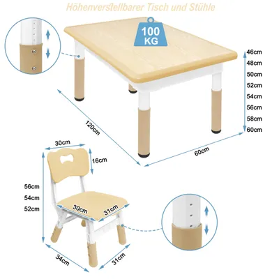 Produktbild von XMTECH Kindertisch- und Stuhlset, 4 Stühle, Naturholzfarbe, Höhenverstellbar, HDPE + ABS, leicht zu reinigen, für Kindergarten & Kinderzimmer, 2-10 Jahre, bis 100 kg, Tisch: 120x60cm (H 46-60cm); Stuhl: Rückenlehne 30x16cm, Sitzfläche 30x31cm, Gesamthöhe 52-56cm, Sitzhöhe 26-30cm