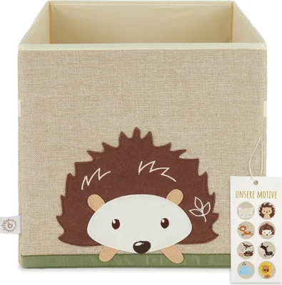 A storage box with a hedgehog design is shown against a white background.