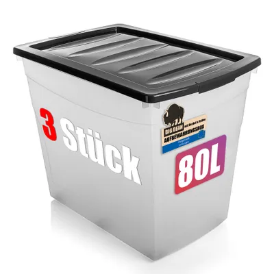 Produktbild von BigDean 3 Stück 80 L Aufbewahrungsbox mit Deckel groß Budget Line Plastikbox mit Deckel