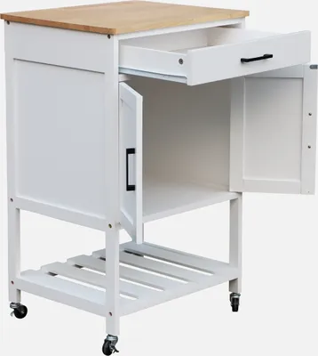 A white kitchen cart with a wooden top, one drawer open and one cabinet door open.