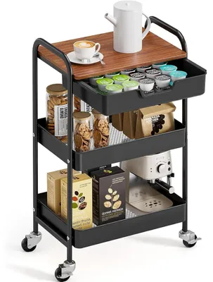 Immagine prodotto di Carrello a 3 ripiani con piano, carrello multifunzionale in metallo, colore nero