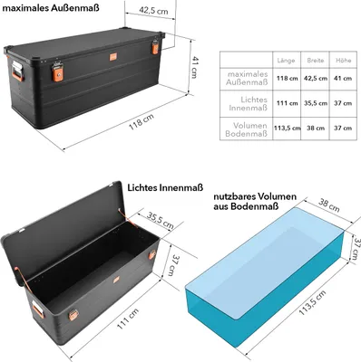 Produktbild von ALUBOX Alukiste Transportbox 159 Liter schwarz mit Druckguss Stapelecken 118 x 42,5 x 41 cm abschließbar - 159 Liter