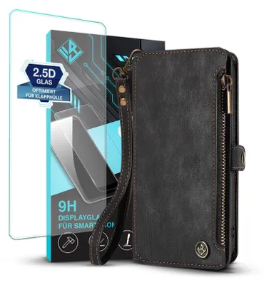 Produktbild von Handy Hülle für Samsung Galaxy S25 FE Geldbeutel Geldbörse RFID Schutz Klapphülle Cover Schutzhülle Wallet mit 9H Displayglas Displayschutz Farbe: Schwarz