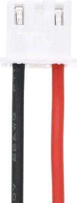 A close-up view of a white connector with two wires, one black and one red, extending downwards.