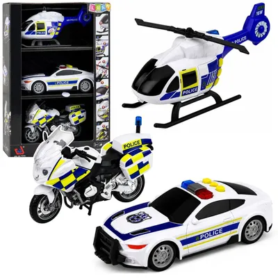 Image de Set de police : hélicoptère, moto, voiture de patrouille – avec effets sonores et lumineux (échelle 1:32)
