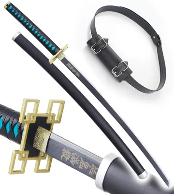 Produktbild von Anime Cosplay Katana aus Holz Muichiro Tokito Kimetsu No Yaiba Schwert + Schwarzer Gürtel mit Schwerthalter Gürtel
