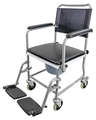 Produktbild von Fahrbarer Toilettenstuhl mit gepolsterter Sitzplatte und Eimer, Belastbarkeit bis 120 kg