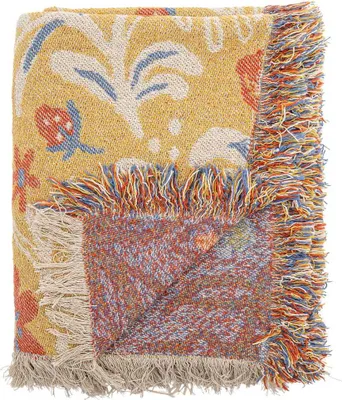 Produktbild von Bloomingville Decke REIMS Gelb mit Bunten Blumen und Fransen 160x130 Baumwolle