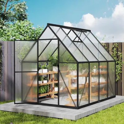 Productafbeelding van Premium kas van aluminium, 4,14 m², met een 6 cm fundering en 4 mm polycarbonaatplaten, UV-bestendig en weerbestendig, ideaal voor de tuin, afmetingen: 225 x 170 x 195 cm