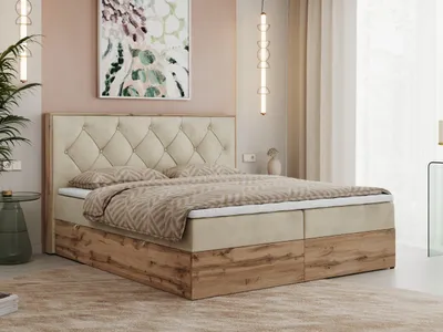 Produktbild von MKS MEBLE Boxspringbett 200x200 mit Bettkasten Eiche, Polsterbett 200x200 mit Matratze H3, Bett 200x200 mit Kopfteil, Bett mit Holzrahmen in Wotan Eiche - Beige Velvet - Veneto