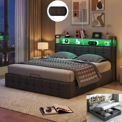 Immagine prodotto di Letto imbottito INONEFT 140x190 cm con LED e porta USB di tipo C, letto con box contenitore ad apertura idraulica, letto matrimoniale per giovani con rete a doghe e contenitore, colore grigio lino