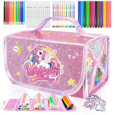 Immagine prodotto di Set di colori a tema unicorno per bambini, con astuccio, 70 pezzi, lavabile, matite glitterate, matite colorate, pennarelli, rosa