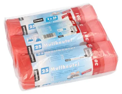 Productafbeelding van PapStar 12417 Vuilniszakken met trekkoord - 30 liter, HDPE, rood, 3 x 25 stuks