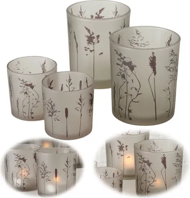 Produktbild von LS-LebenStil 4x Glas Teelichthalter Gräser 8-12cm Set Windlicht-Halter Kerzenständer