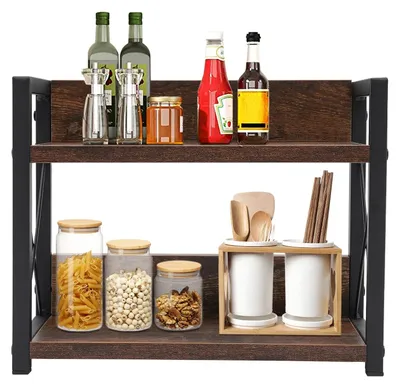 Image de Étagère de cuisine en bois et métal - Étagère de table à 2 niveaux - 30 x 15,75 x 26,42 cm - Capacité de charge : 30 kg - Pour la cuisine et le bureau - Marron