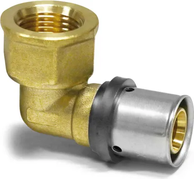 A plumbing fitting, specifically an elbow connector, is shown against a white background.