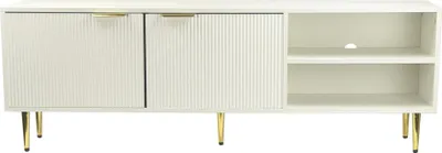 Obrázok produktu pre WOHNLING Nízka TV skrinka 150 cm Biela s dvierkami a otvorenými priehradkami TV skrinka s priechodom pre káble Moderná TV skrinka s kovovými nohami