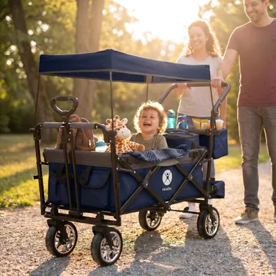 Produktbild von Miweba Bollerwagen MB-20 faltbar | Transportwagen mit Dach - Handwagen - Transportkarre - Hartgummireifen - mit Anschnall-Gurt - bis 100 kg(Blau/Grau)