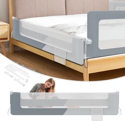Image de LARS360 200cm barrière de lit pliable, pivotant à 180 degrés pour les jeunes enfants, réglable en hauteur, filet aéré, pour lit d'enfant, gris foncé et gris clair