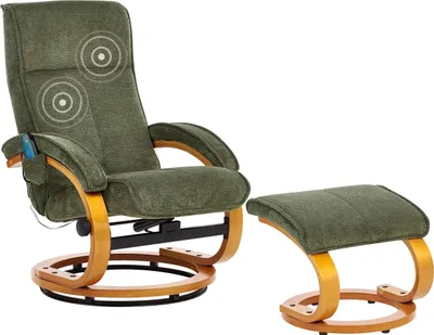 Produktbild von BELIANI Massagesessel Grün Stoffbezug mit Fußhocker Heizfunktion Liegeoption Timer Drehbar Holzbeine Büro Arbeitszimmer Drehsessel Fernsehsessel