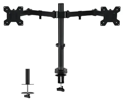 Image de Support mural double pour écran d'ordinateur - Pour écrans de 33 à 61 cm - Capacité de 10 kg par bras - Réglable en longueur - Pivotant - Épaisseur de plateau de bureau compatible : 10 à 85 mm - Noir