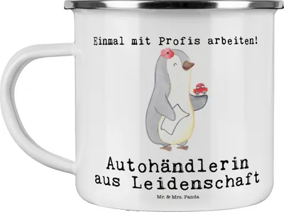 Produktbild von Mr. & Mrs. Panda Pott Autohändlerin Leidenschaft - Weiß - Geschenk, Teetasse, Danke, Emaille Becher, Witzig, Spruch, Autohandel, Lustig, Beruf, Tasse, Haferl