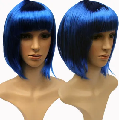 Produktbild von Perücke 30cm Kurzhaar Glatt Pony Bubikopf Karneval Kostüm Fasching Babe Party Cosplay Blau