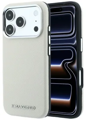 Immagine prodotto di Custodia per iPhone 18 Pro Max / 17 Pro Max, Karl Lagerfeld, logo allungato effetto pelle, con tecnologia MagSafe, color beige