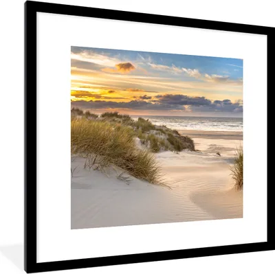 Produktbild von MuchoWow® Gerahmtes Poster Strand - Düne - Gras - Sonnenuntergang - Meer 40x40 cm - Poster mit Schwarzem Bilderrahmen Wandposter Rahmen Foto Bilder - Poster - Plakat im Rahmen