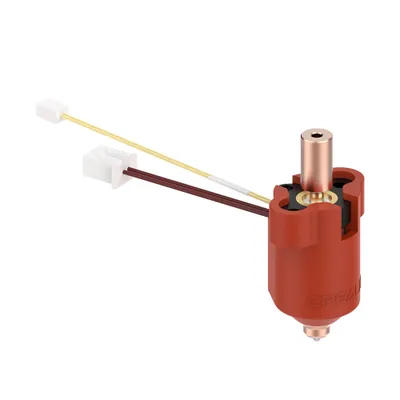 A 3D printer hotend kit with wires and connectors, isolated on a white background.