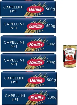 Produktbild von Barilla Pasta Nudeln Klassische Capellini n. 1 aus hochwertigem Hartweizen immer al dente 6x 500 g + Italian Gourmet polpa 400g
