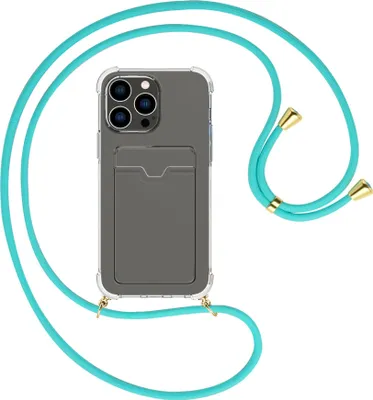 Produktbild von Handykette Backcover-Schutzhülle mit Band (Metall goldfarben) für Apple iPhone 15 Pro Max - türkis