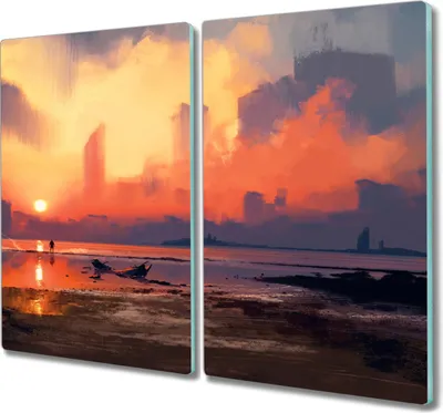 Produktbild von Coloray Hackbrett Küchenbrett Kochplattenabdeckung Schneidebrett Herdabdeckplatte 2x30x52 cm - Nebel Sonnenuntergang