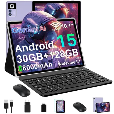 Produktbild von Tablet 10 Zoll Android 15 mit 30GB RAM+128GB ROM TF 2TB Gemini AI 5G WLAN Octa-Core 2GHz Widevine L1 8000mAh BT 5 GPS Face ID Tablet mit Tastatur Maus Lila