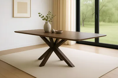 Produktbild von Esstisch 220 x 100 cm Akazie kastanienfarbig Schweizer Kante & abgerundete Ecken Spider-Gestell Holz kastanienfarbig ROBERTO